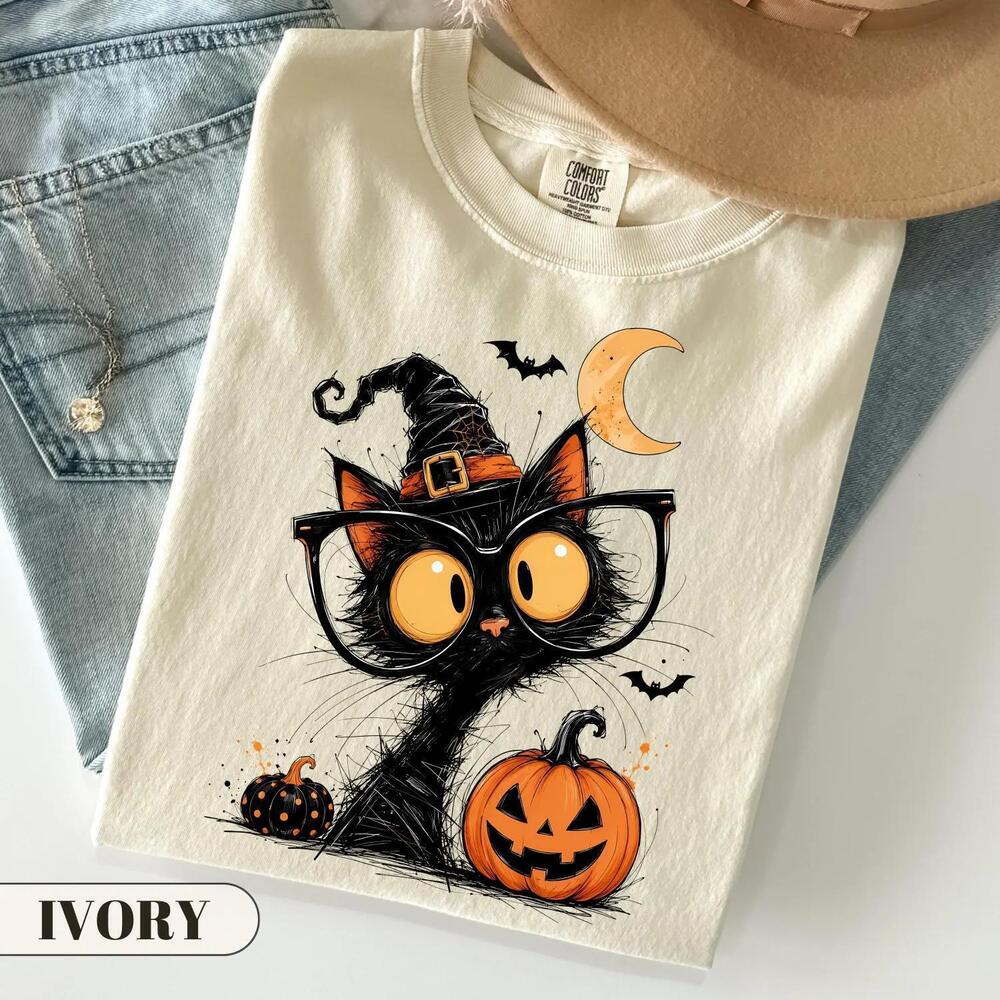 Black Cat Halloween Shirt, Cute Witch Cat Tee, Glasses Cat Mom Top